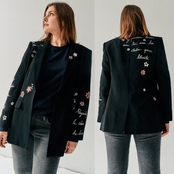 Cinq à Sept Rare Estelle Love Letter Embroidered Floral Crepe Blazer Size 6 - Picture 5 of 13